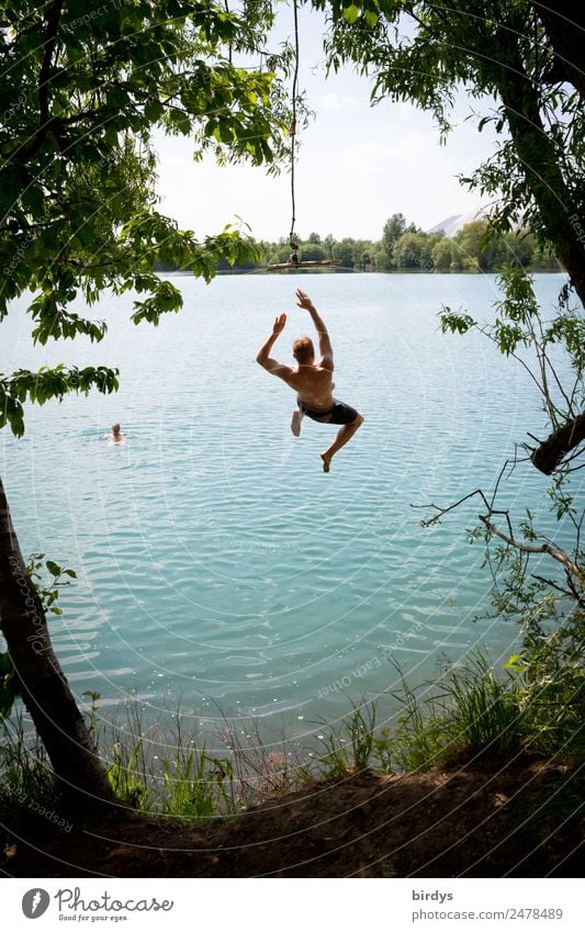 Teenagers having fun swimming at quarry pond, vacation at home. Jump into the water bathing fun Swimming & Bathing Joie de vivre (Vitality) Summer Masculine