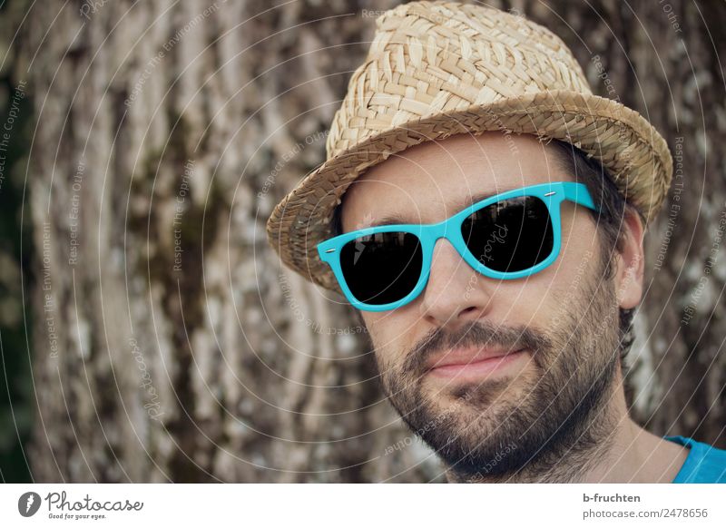 Man with sunglasses and hat Vacation & Travel Summer Hiking Adults Face Facial hair Sunglasses Hat Relaxation Joy Turquoise Portrait photograph Vacation photo