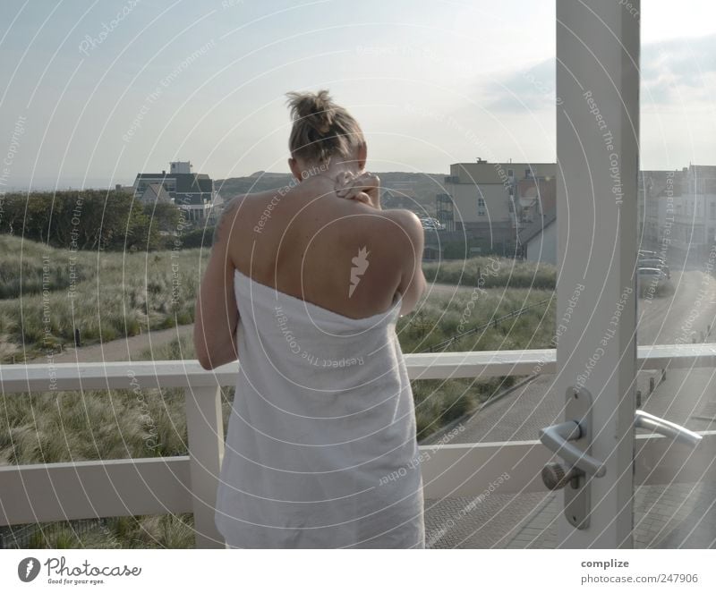 balcony Wellness Life Harmonious Well-being Contentment Vacation & Travel Woman Adults Curiosity Serene Arise Alert Colour photo Morning Balcony Towel