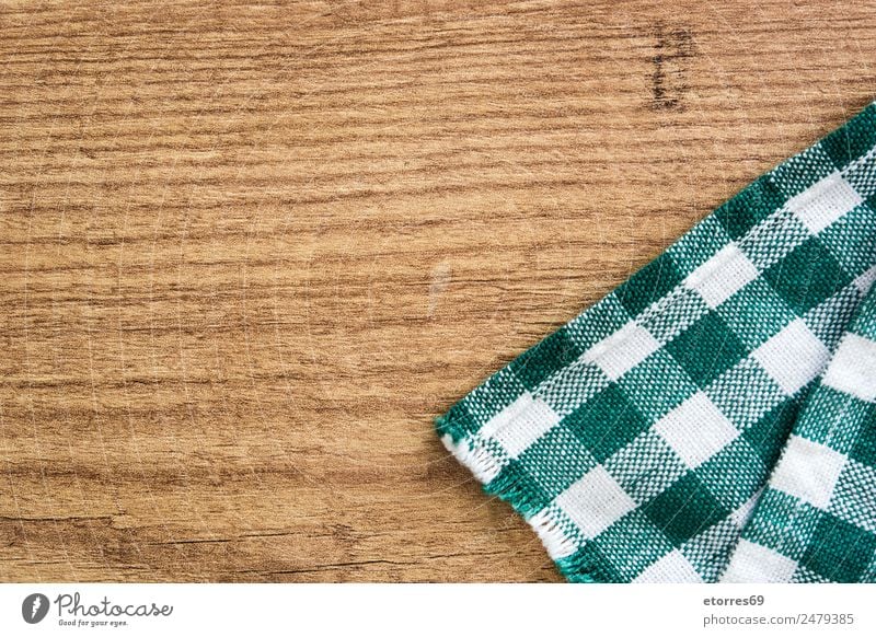 Tablecloth on wooden background Picnic Wood Green Wooden table Kitchen Copy Space Background picture Checkered White Rustic Oak tree Colour photo Abstract