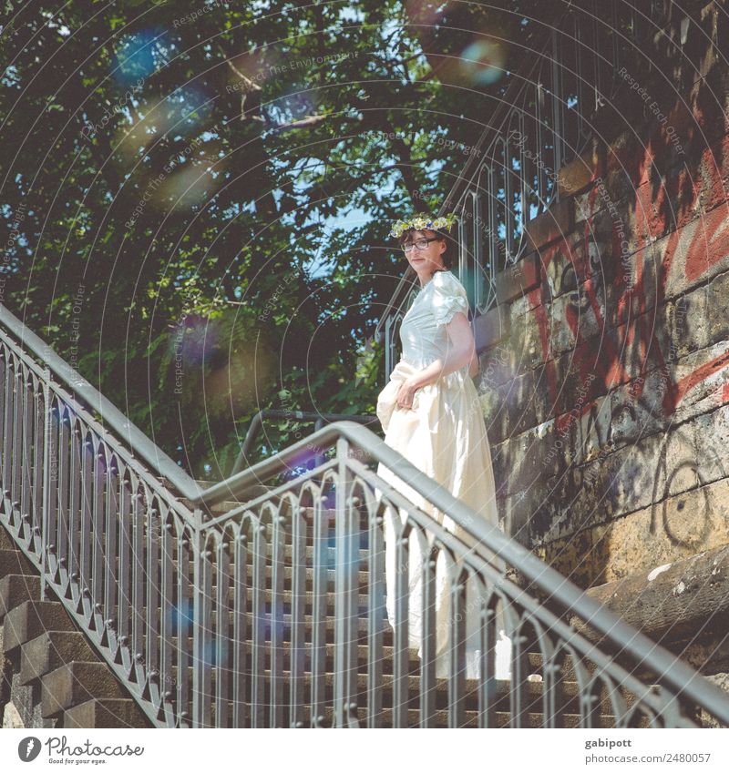 young woman stands on stairs and around her the soap bubbles rage Wedding Human being Young woman Youth (Young adults) Woman Adults Life 1 Exceptional pretty