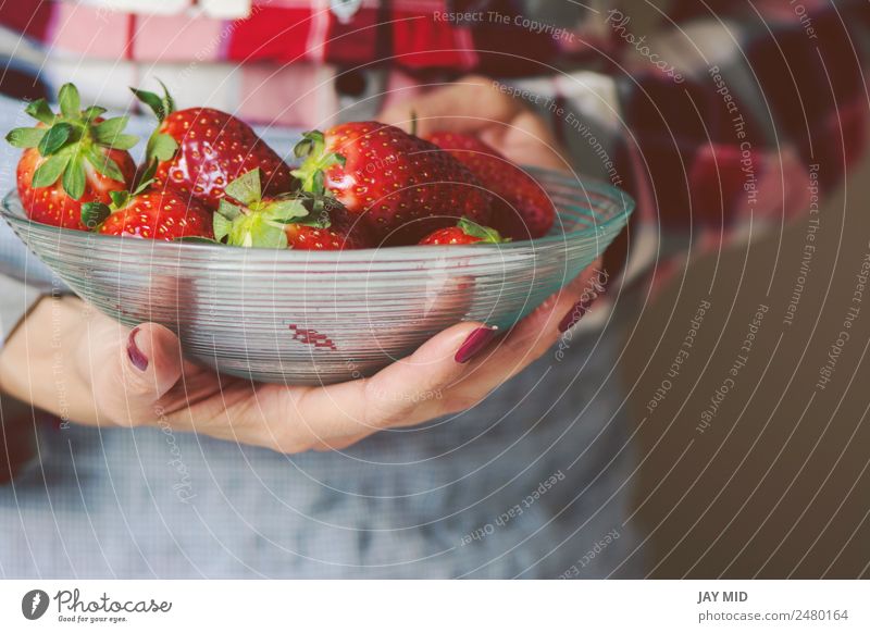 bowl of strawberries in the hands of a woman with apron Meat Fruit Nutrition Diet Bowl Lifestyle Beautiful Table Human being Woman Adults Hand Nature Sit Fresh
