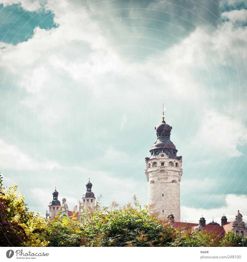 little castle Sightseeing Culture Environment Sky Clouds Climate Beautiful weather Tree Bushes City hall Tower Architecture Landmark Historic Green Leipzig
