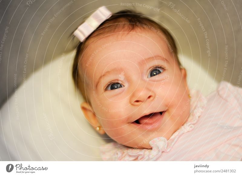 Baby girl two months old smiling Joy Happy Beautiful Face Life Child Camera Human being Girl Infancy 1 3 - 8 years Smiling Laughter Happiness Small Cute White