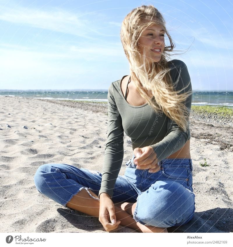 Young, slim, blonde woman on a Baltic beach Lifestyle Joy pretty Well-being Relaxation Summer Summer vacation Sun Sunbathing Beach Young woman