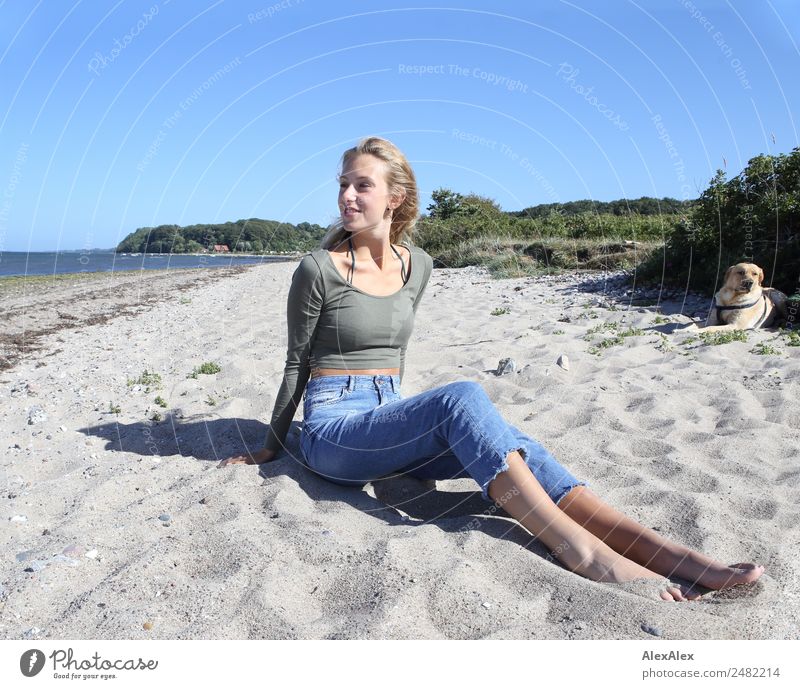 Young woman and Labrador at the Baltic Sea beach Lifestyle Joy Happy pretty Well-being Summer Summer vacation Sun Beach Ocean Youth (Young adults) 18 - 30 years