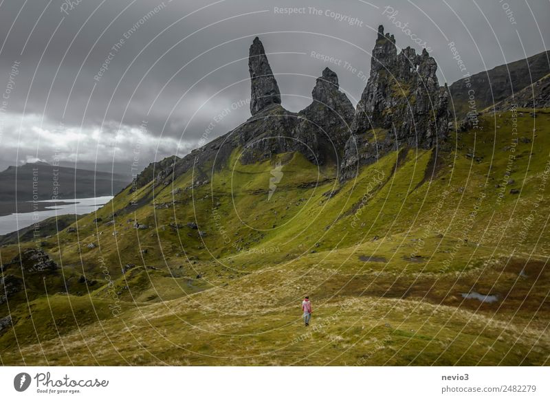 Hiker at the Old Man of Storr Environment Nature Earth Grass Meadow Walking Vacation & Travel Sports Hiking Beautiful Green Joie de vivre (Vitality)