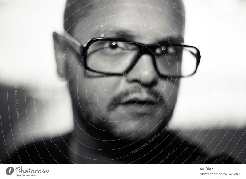 i'll try anything once Eyeglasses Person wearing glasses Masculine Face Facial hair 1 Human being 30 - 45 years Adults Perturbed Black & white photo