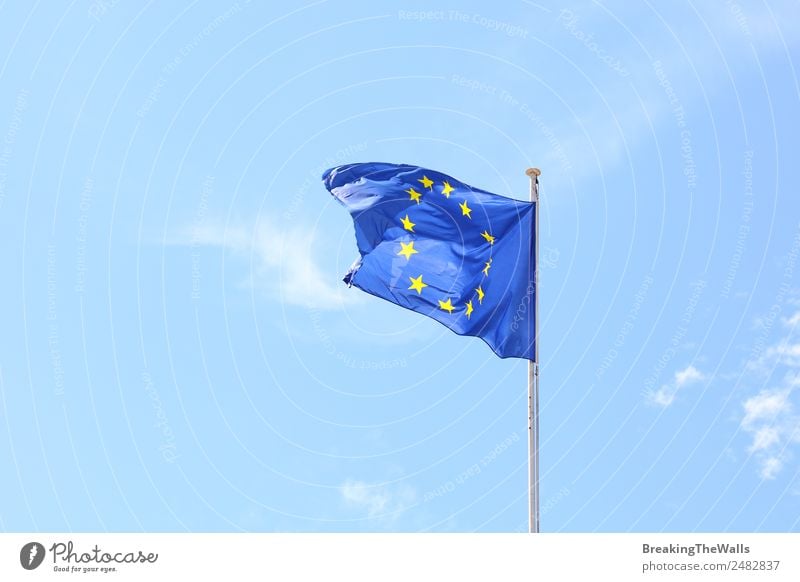 European Union flag in the wind Sky Clouds Sunlight Beautiful weather Flag Blue European flag EU Banner Wind Wave Star (Symbol) Politics and state Movement