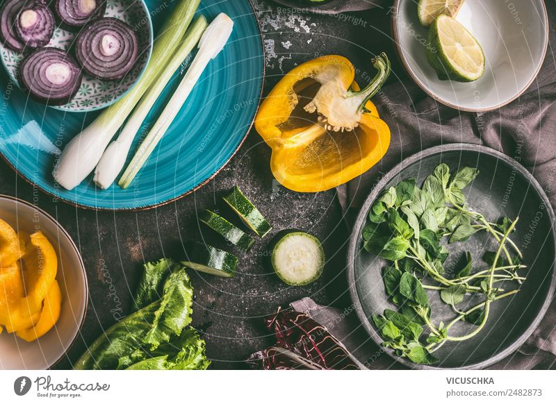 Vegetarian cooking Food Vegetable Lettuce Salad Nutrition Organic produce Vegetarian diet Diet Crockery Plate Bowl Style Design Healthy Healthy Eating Table