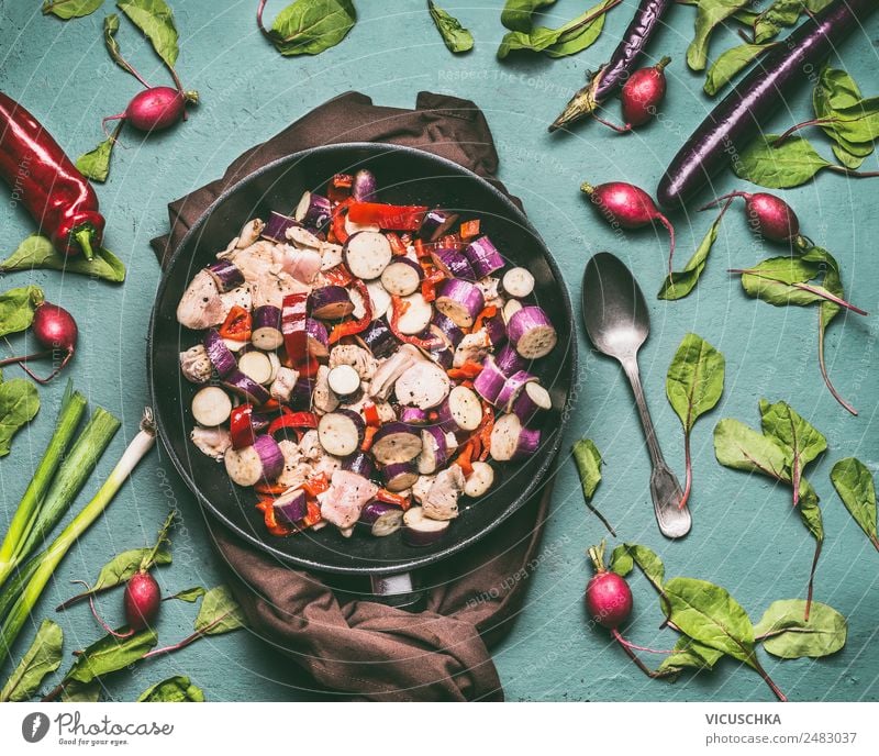 Vegetables with chicken low-carb dish with eggplants Food Meat Nutrition Lunch Dinner Organic produce Diet Crockery Pan Spoon Style Design Healthy
