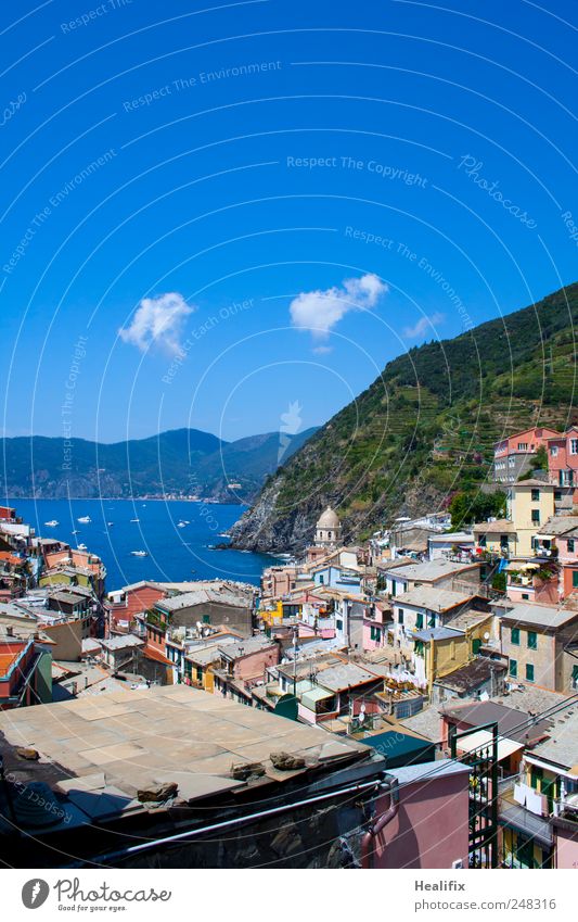 Vernazza II Vacation & Travel Tourism Summer vacation Environment Water Sky Clouds Beautiful weather Hill Mountain Coast Ocean Mediterranean sea Italy Village