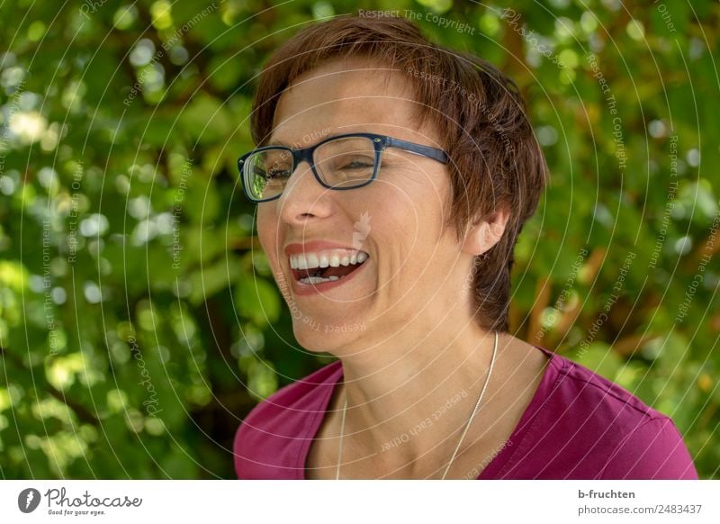 Portrait outside, happy smiling woman Vacation & Travel Woman Adults Face 30 - 45 years Garden Park Eyeglasses Brunette Short-haired Smiling Laughter Brash