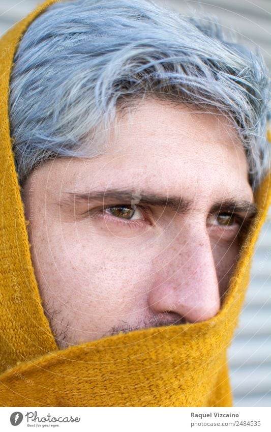 Man with gray hair and yellow turban. Masculine Adults 1 Human being 18 - 30 years Youth (Young adults) Scarf Gray-haired Looking Yellow Mysterious Cold