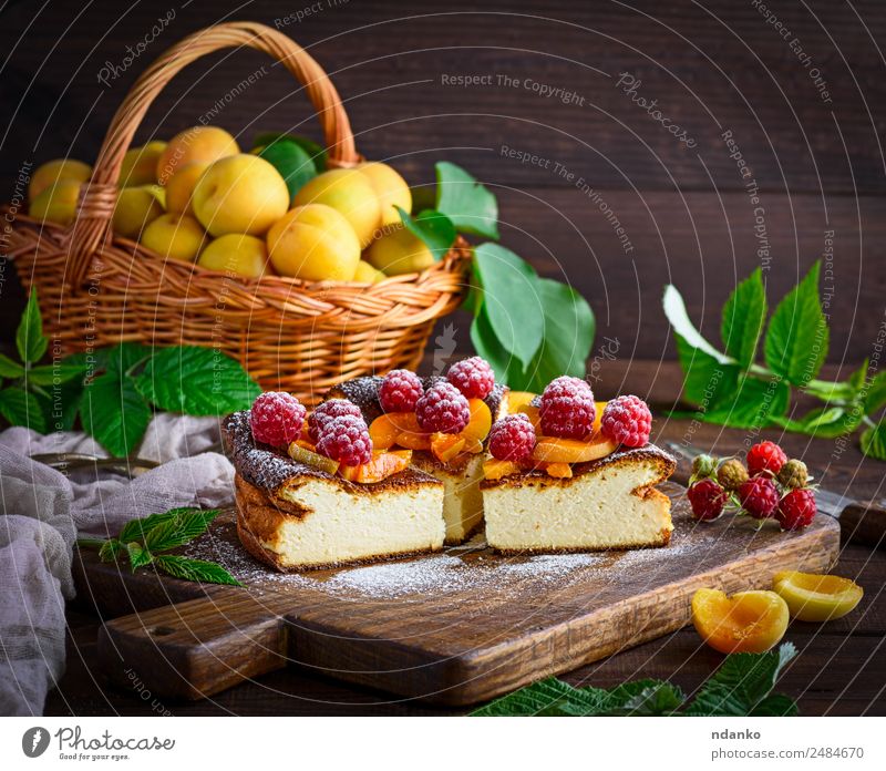 curd pie with raspberries Cheese Fruit Dessert Candy Nutrition Table Fresh Bright Delicious Brown Red White Colour Raspberry Apricot cheesecake Berries food