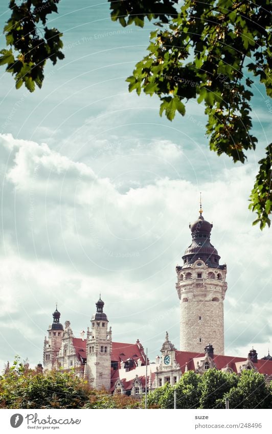 Once upon a time ... Sightseeing Culture Environment Sky Clouds Tree Bushes Leaf City hall Tower Architecture Landmark Historic Green Leipzig Saxony Fairy tale
