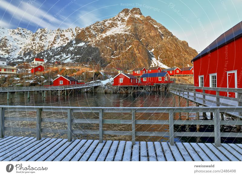 Red cottages-rorbuer in A i Lofoten harbor. Sorvagen-Norway-0326 Fish Seafood Calm Fishing (Angle) Vacation & Travel Tourism Sun Island Winter Snow