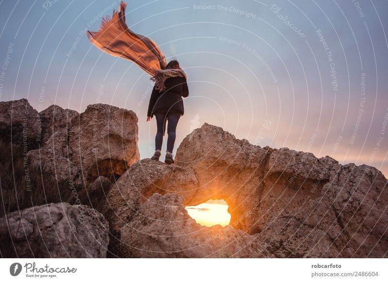 woman with scarf in the wind Happy Beautiful Freedom Summer Sun Beach Ocean Human being Woman Adults Hand Nature Sky Wind Rock Dress Scarf Blonde Stand Blue
