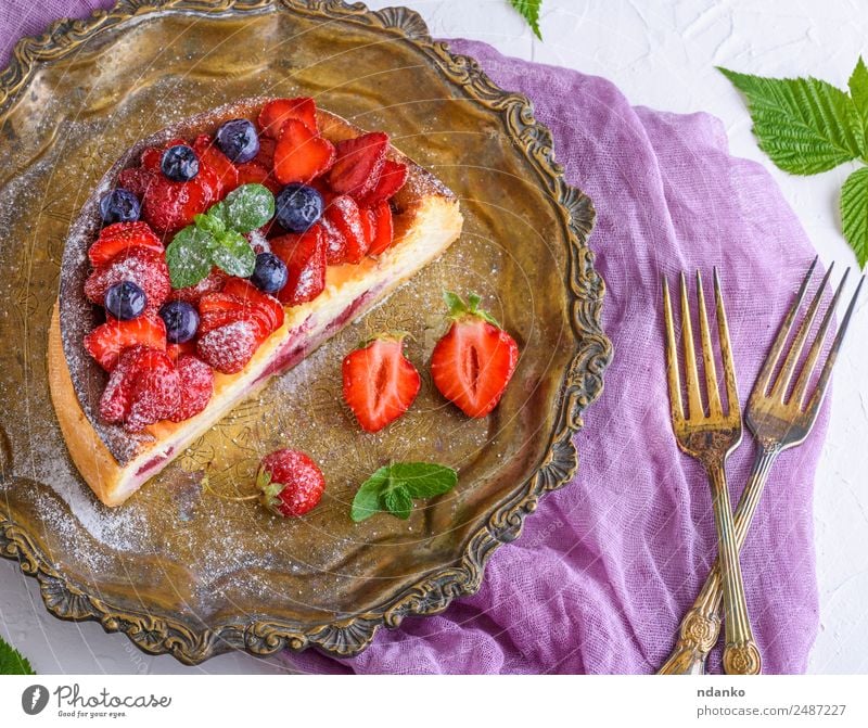 half cheesecake with strawberries Cheese Fruit Cake Dessert Nutrition Plate Fork Table Leaf Eating Fresh Bright Delicious Green Red White Colour Strawberry
