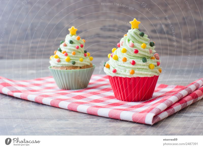 Christmas cupcakes Food Dessert Candy Christmas & Advent Delicious Sweet Multicoloured Green Cupcake Baked goods Creamy Christmas tree Structures and shapes