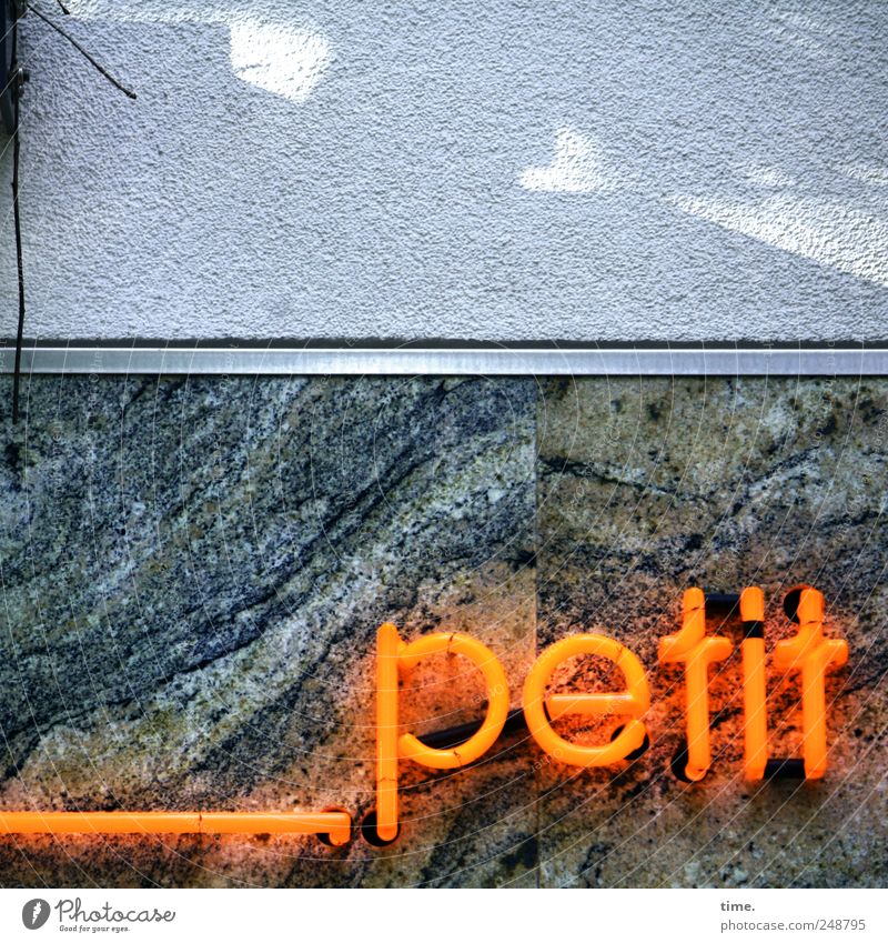 déjeuner___ Facade Characters Esthetic Beautiful Letters (alphabet) Marble Orange Wall (building) French Colour photo Exterior shot Close-up Copy Space top