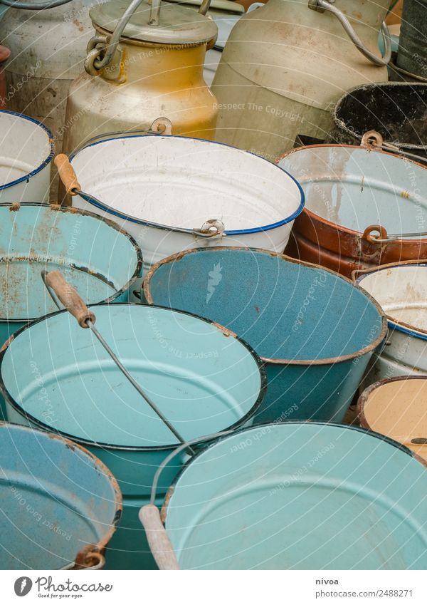 many colourful metal buckets at the flea market Milk Agriculture Forestry Nature Plant Field Berlin wall park Bucket Carry handle Milk churn Metal Discover Sell