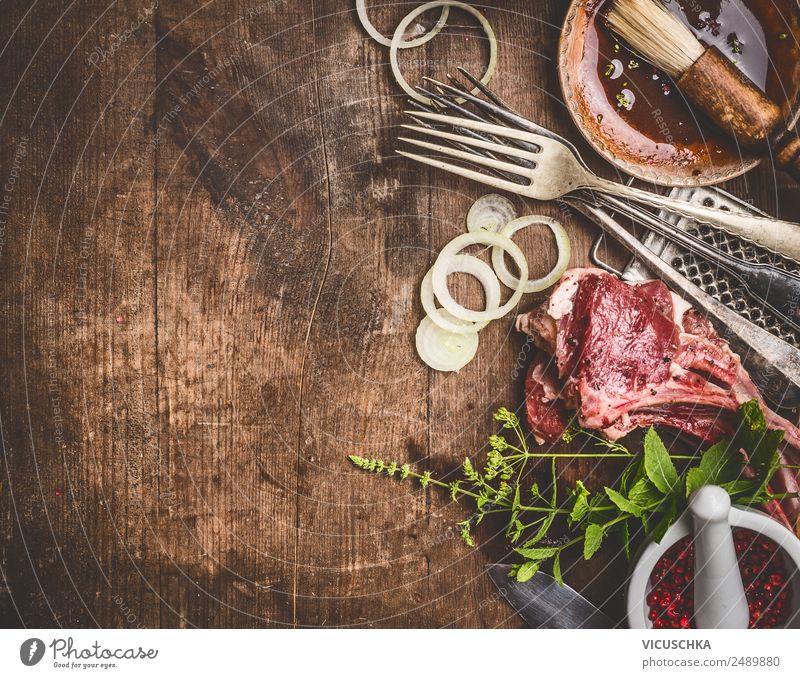 Raw lamb and grill or BBQ sauce Food Meat Herbs and spices Nutrition Organic produce Crockery Shopping Style Design Restaurant Barbecue (apparatus) Sauce