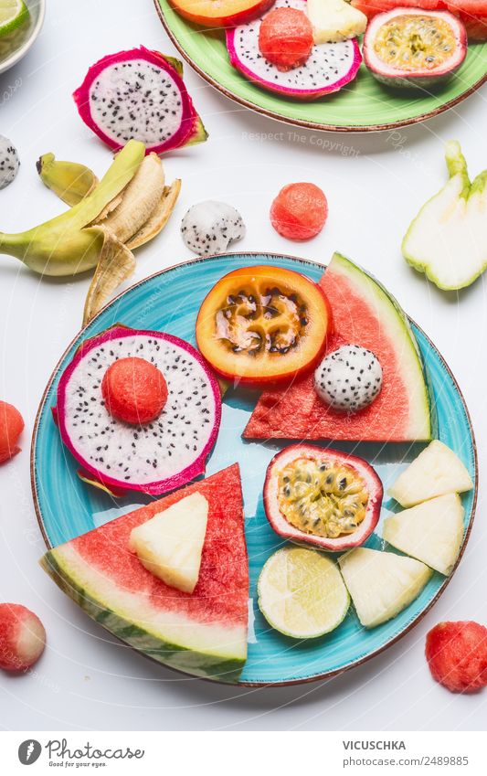 Plate with exotic fruit and watermelon Food Fruit Apple Orange Nutrition Breakfast Organic produce Style Design Healthy Healthy Eating fruit plate Exotic