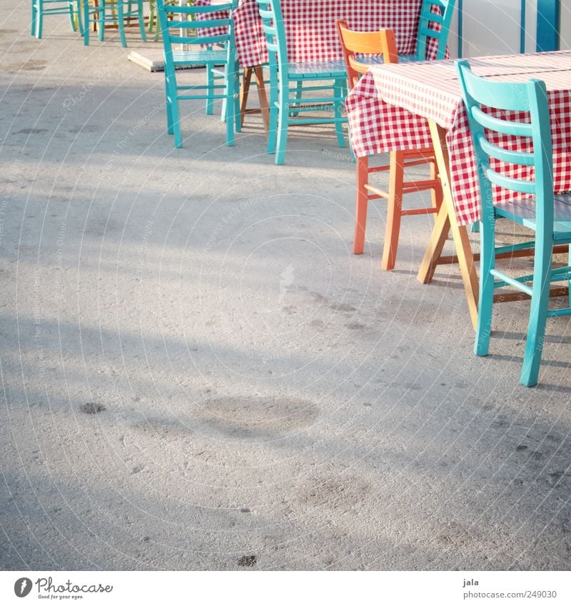 to guest in bitania Chair Table Restaurant Places Esthetic Beautiful Kitsch Multicoloured Checkered Colour photo Exterior shot Deserted Copy Space left