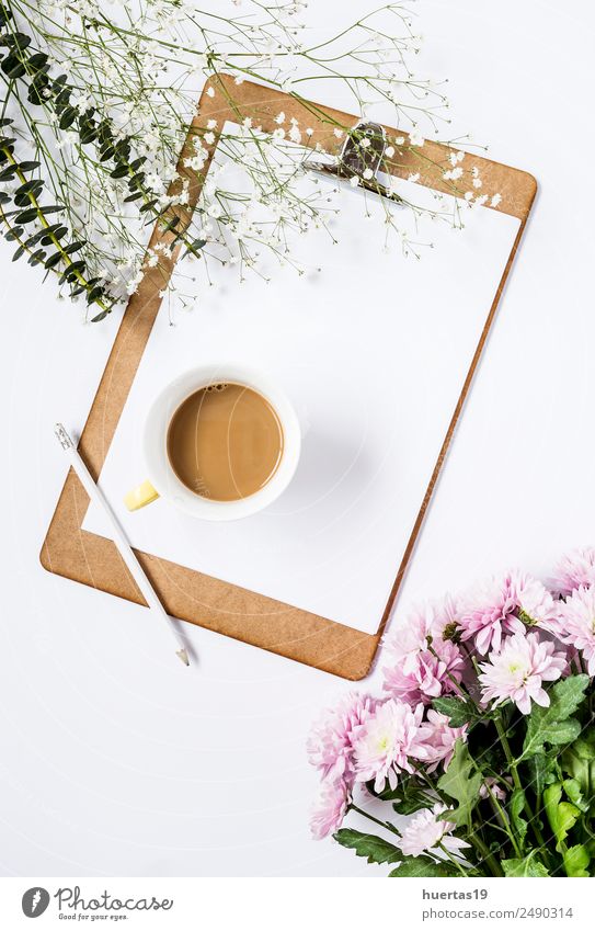 Clipboard with flowers Beverage Hot drink Coffee Valentine's Day Science & Research Work and employment Office work Nature Flower Paper Love White copy Document