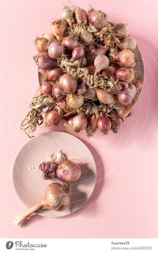 Bouquet of fresh red onions Food Vegetable Vegetarian diet Diet Healthy Eating Table Art Fresh Natural Green Red Detox background flat lay cooking Garlic health