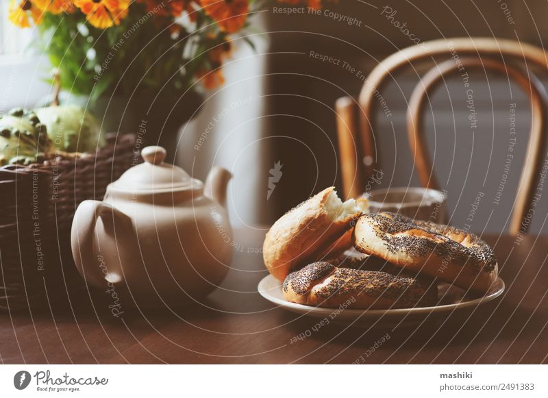 cozy autumn breakfast on table in country house Breakfast Beverage Tea Pot Lifestyle Relaxation Decoration Table Autumn Warmth Leaf Forest Wood Brown