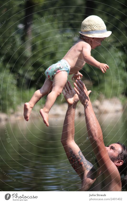 man child air throw summer sea Human being Masculine Toddler Man Adults Father Life 2 1 - 3 years 30 - 45 years Nature Water Sun Summer Beautiful weather Tree
