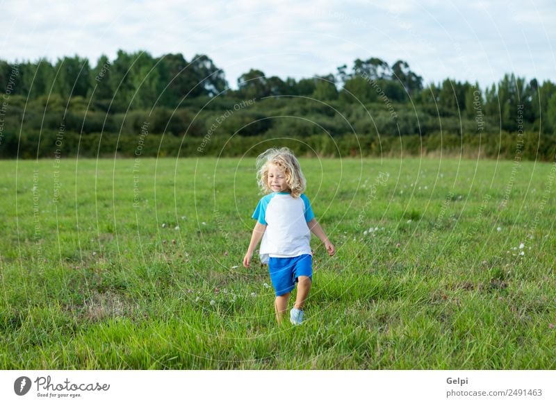 Small child with long blond hair Happy Beautiful Summer Child Human being Baby Boy (child) Man Adults Infancy Environment Nature Landscape Plant Meadow Blonde