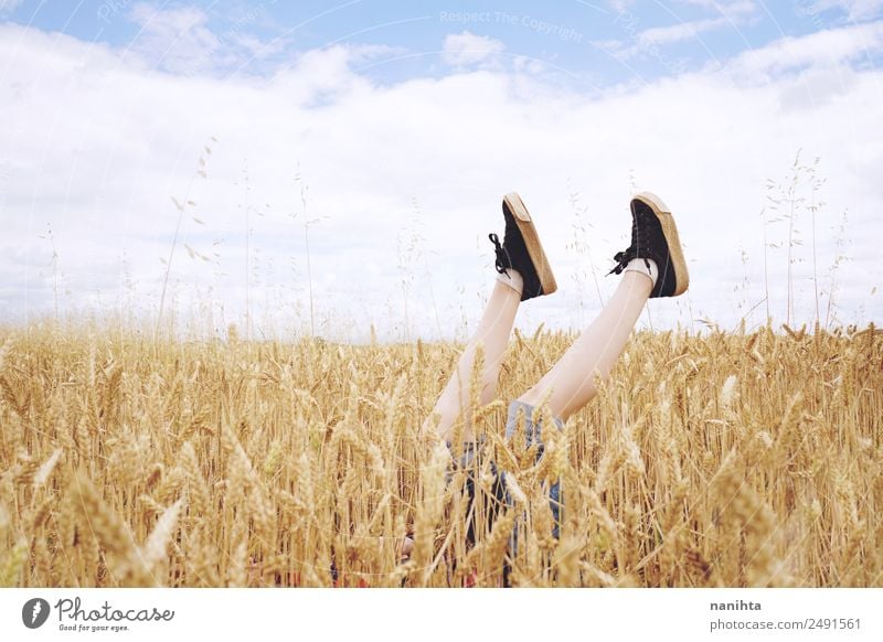 Feet surrounded by wheat crops Grain Wheat Wheatfield Organic produce Lifestyle Style Design Wellness Harmonious Well-being Agriculture Forestry Infancy Legs