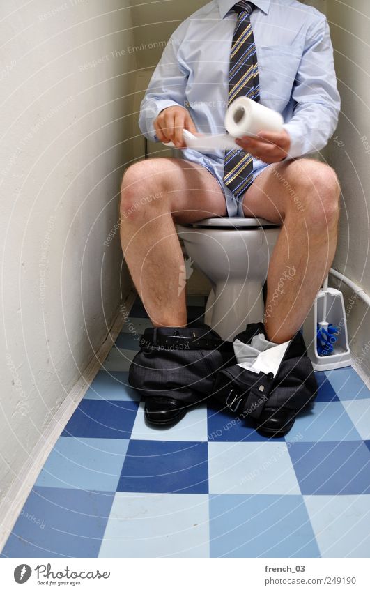 dirty business Masculine Man Adults Legs 1 Human being Trashy Toilet seat Bowel movement Toilet paper Multicoloured Sit Blue Gray Whimsical Work and employment