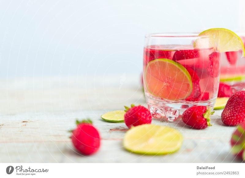 Water with strawberry and lime Fruit Beverage Lemonade Juice Summer Table Leaf Wood Cool (slang) Fresh Green Red White background Berries citrus Cocktail cold