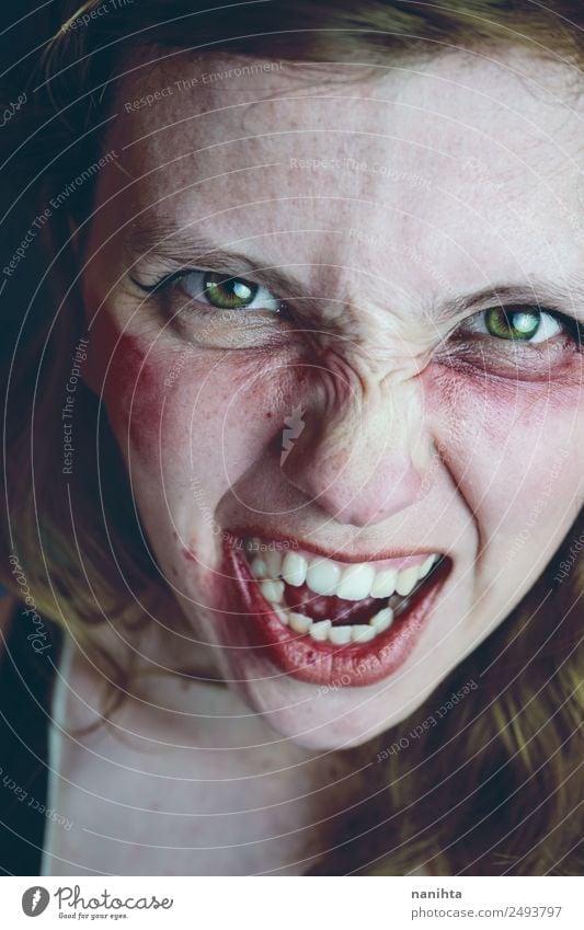 Angry and aggressive young woman Human being Feminine Young woman Youth (Young adults) Woman Adults 1 18 - 30 years Scream Aggression Dark Creepy Crazy Emotions