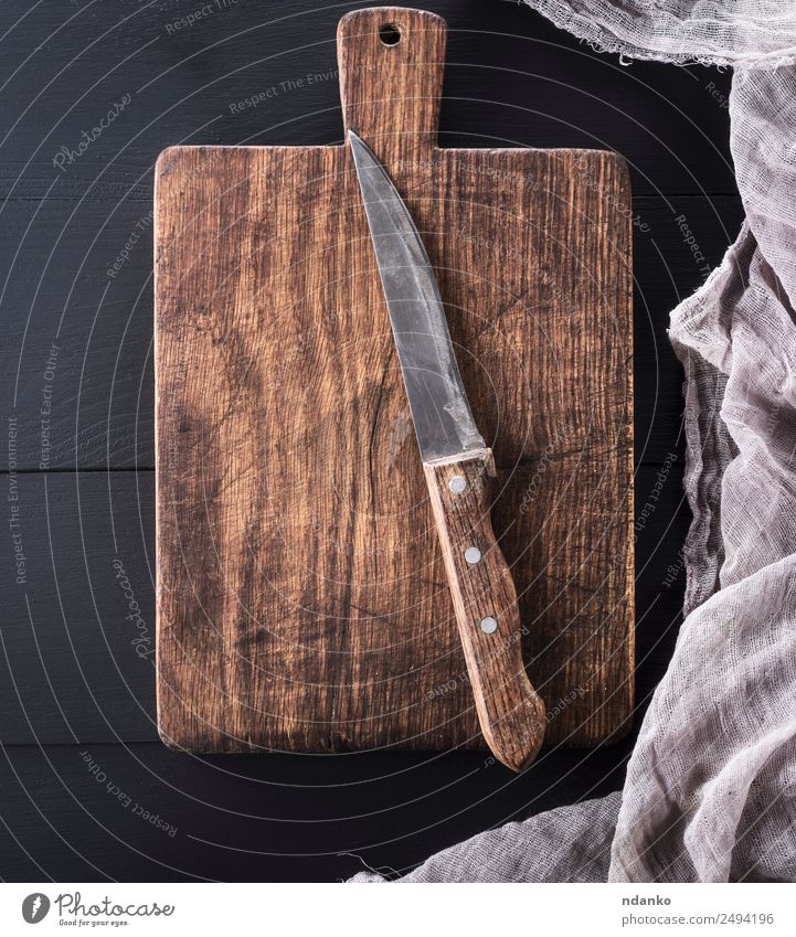 old rectangular cutting board Knives Kitchen Wood Old Dark Natural Retro Brown Black knife background cooking vintage chopping Consistency Surface utensil