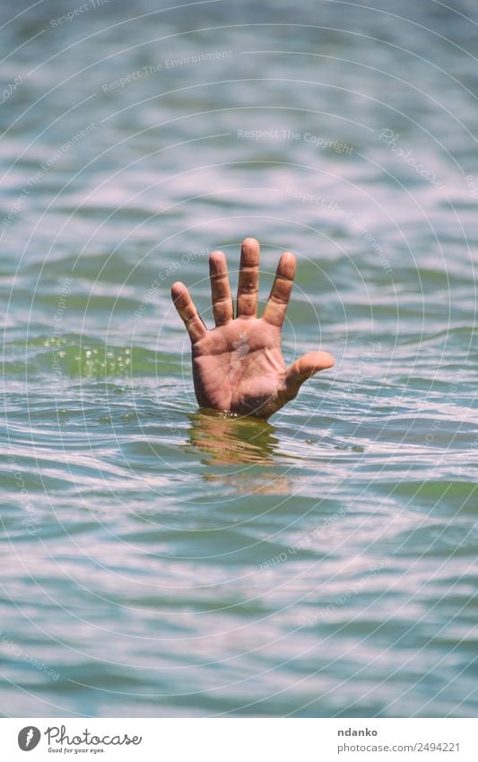 gesture for the help of a drowning man Summer Ocean Human being Man Adults Hand Fingers 1 Water Swimming & Bathing Wet Blue Hope Dangerous Stress Death Drown