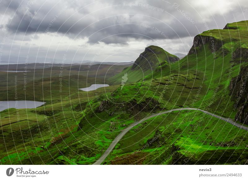 The Quiraing on the Isle of Skye in Scotland Nature Landscape Clouds Storm clouds Exceptional Green Highlands High plain Impressive Beautiful Pass Country road