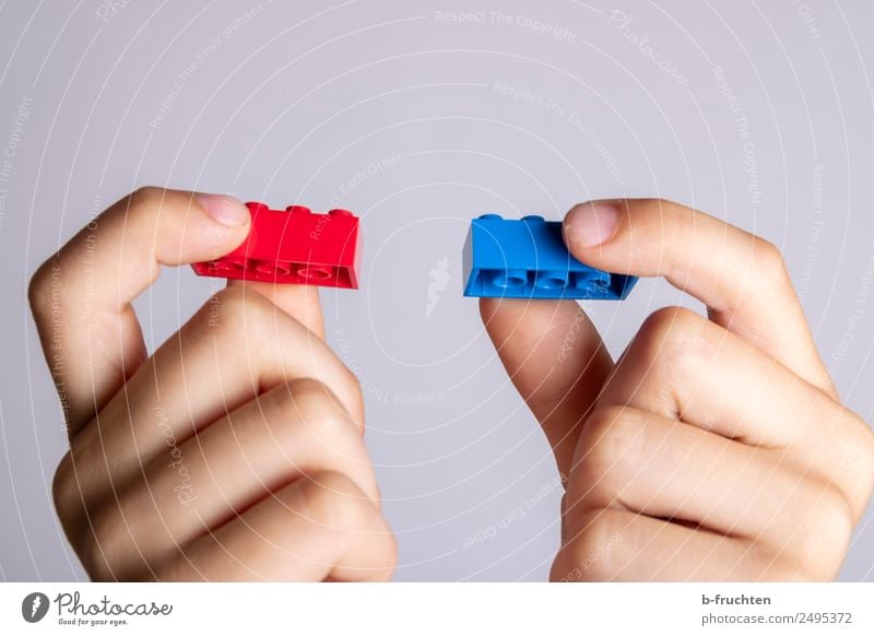 red and blue building blocks Child Hand Fingers 8 - 13 years Infancy Toys Build To hold on Playing Blue Red Relationship Equal Inspiration Communicate Joy
