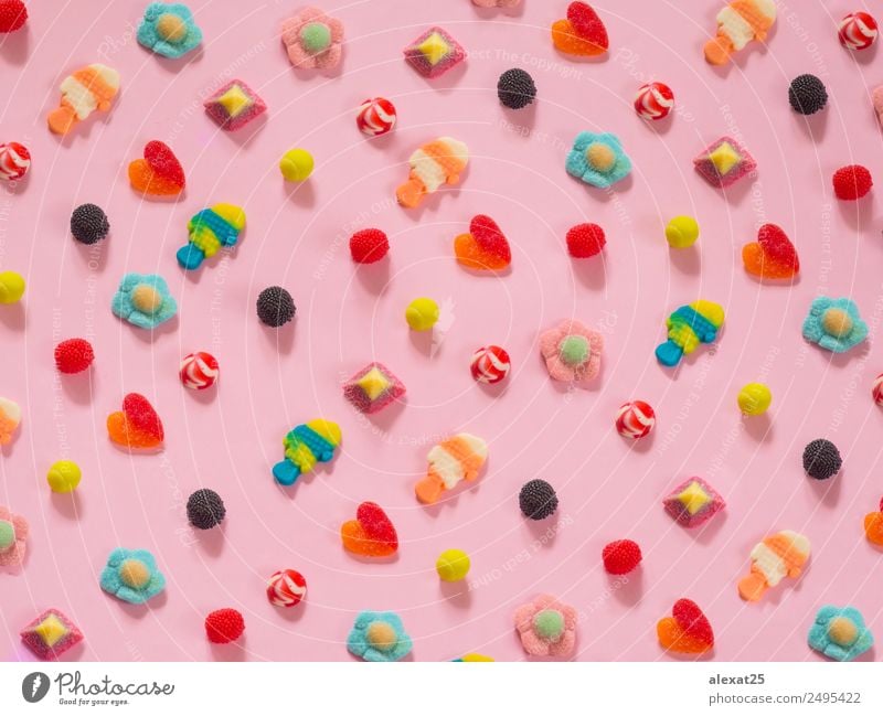 Jelly candies pattern on background Fruit Dessert Candy Joy Heart Bright Delicious Pink Red Colour Berries colorful egg fish food holiday Horizontal jelly many