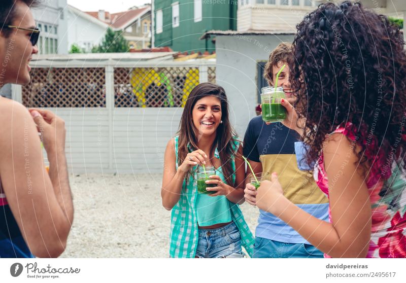 Happy people with beverages laughing in summer party Vegetable Fruit Beverage Alcoholic drinks Lifestyle Joy Beautiful Leisure and hobbies Summer Garden Music