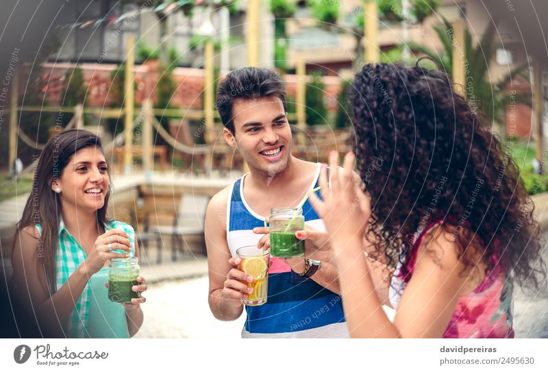 Young people with healthy drinks laughing in a summer party Vegetable Fruit Beverage Lifestyle Joy Happy Leisure and hobbies Vacation & Travel Summer Garden