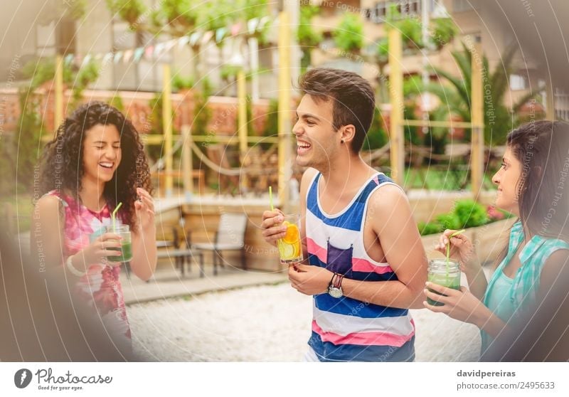 Group of young people laughing in summer party Vegetable Fruit Beverage Lifestyle Joy Happy Beautiful Leisure and hobbies Vacation & Travel Summer Garden