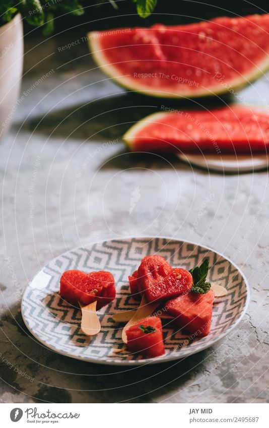 Heart-shaped slices of watermelon Food Fruit Nutrition Eating Emphasis Water melon Plate Delicious Summer Summery Red Interior shot Deserted Copy Space top