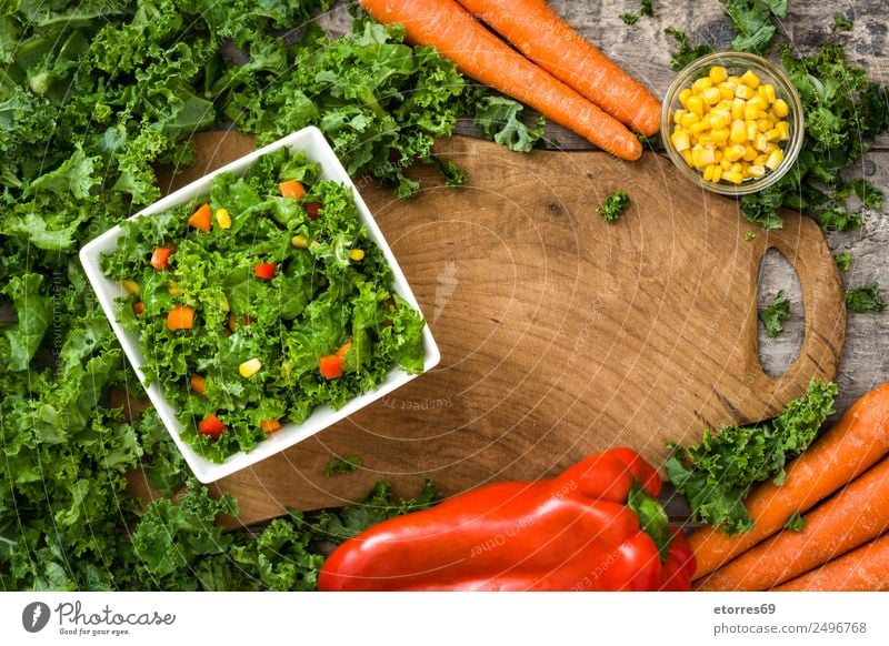 Kale salad and ingredients on wood Food Healthy Eating Food photograph Vegetable Lettuce Salad Nutrition Lunch Organic produce Vegetarian diet Diet Bowl