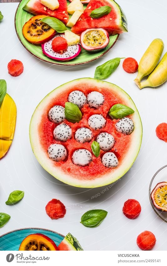 Watermelon peel filled with fruit Food Fruit Dessert Nutrition Breakfast Organic produce Diet Style Design Healthy Eating Summer Water melon Fruit salad