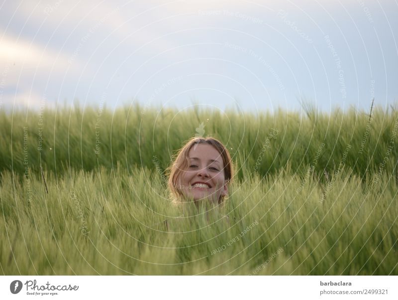 but happy. Feminine Woman Adults Head 1 Human being Nature Plant Sky Climate Grain Field Laughter Happiness Funny Green Emotions Moody Joy Freedom